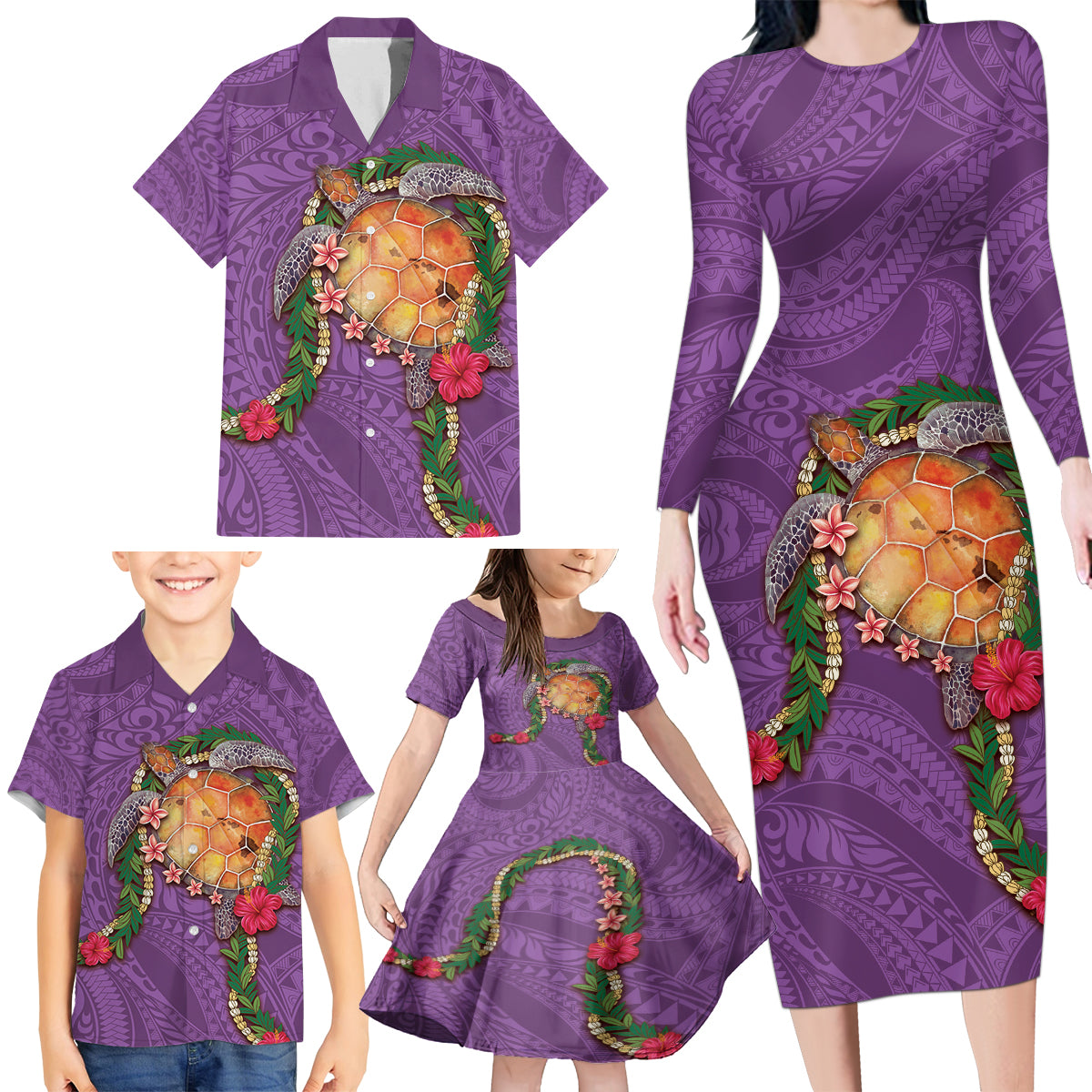 Hawaii Pikake and Maile Lei Family Matching Long Sleeve Bodycon Dress and Hawaiian Shirt Honu Polynesian Pattern Pink Color