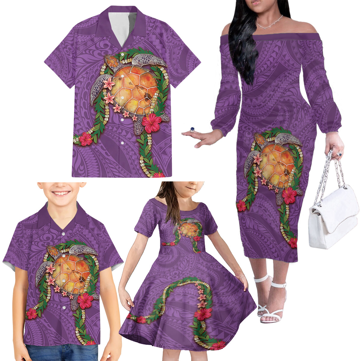 Hawaii Pikake and Maile Lei Family Matching Off The Shoulder Long Sleeve Dress and Hawaiian Shirt Honu Polynesian Pattern Pink Color