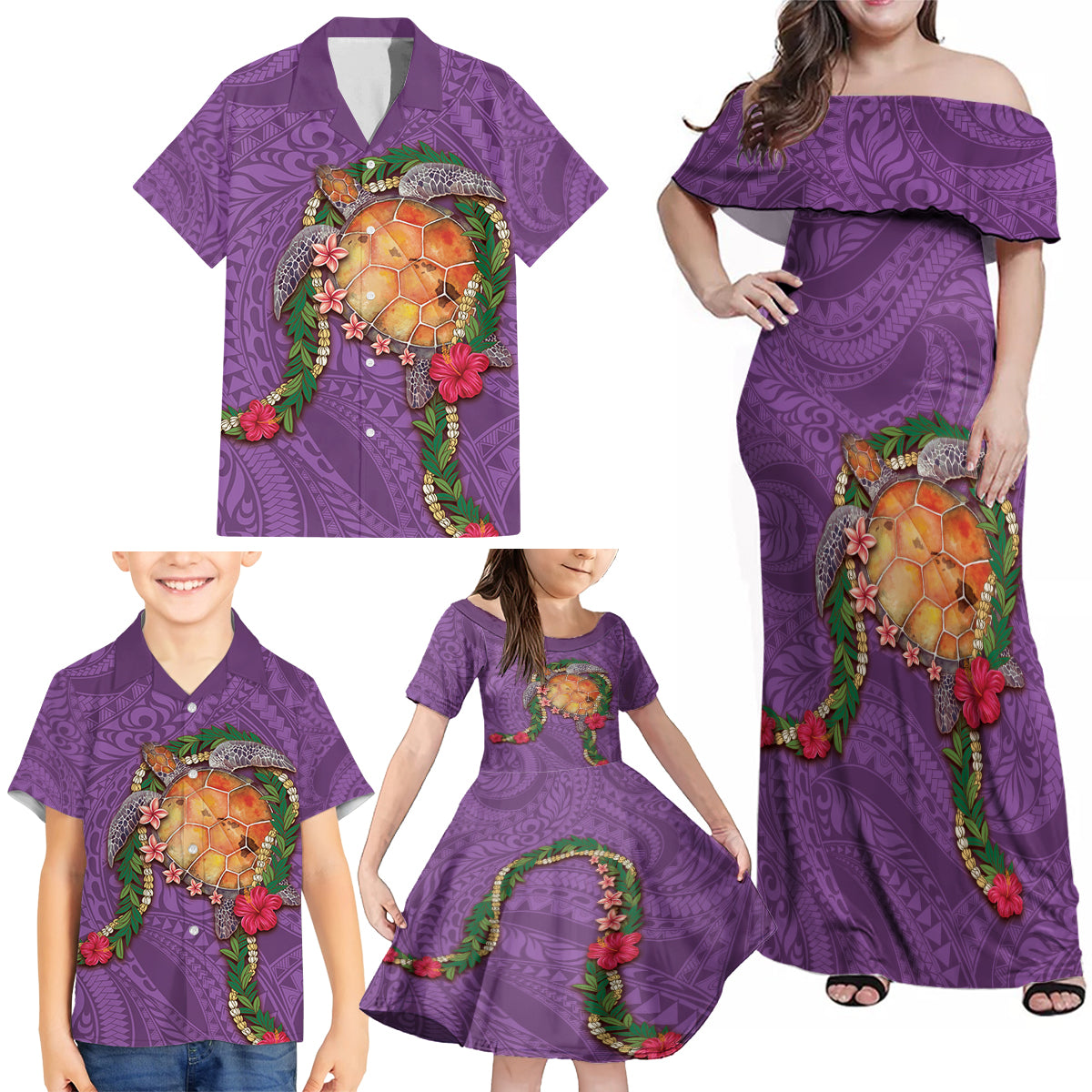 Hawaii Pikake and Maile Lei Family Matching Off Shoulder Maxi Dress and Hawaiian Shirt Honu Polynesian Pattern Pink Color LT03 - Polynesian Pride
