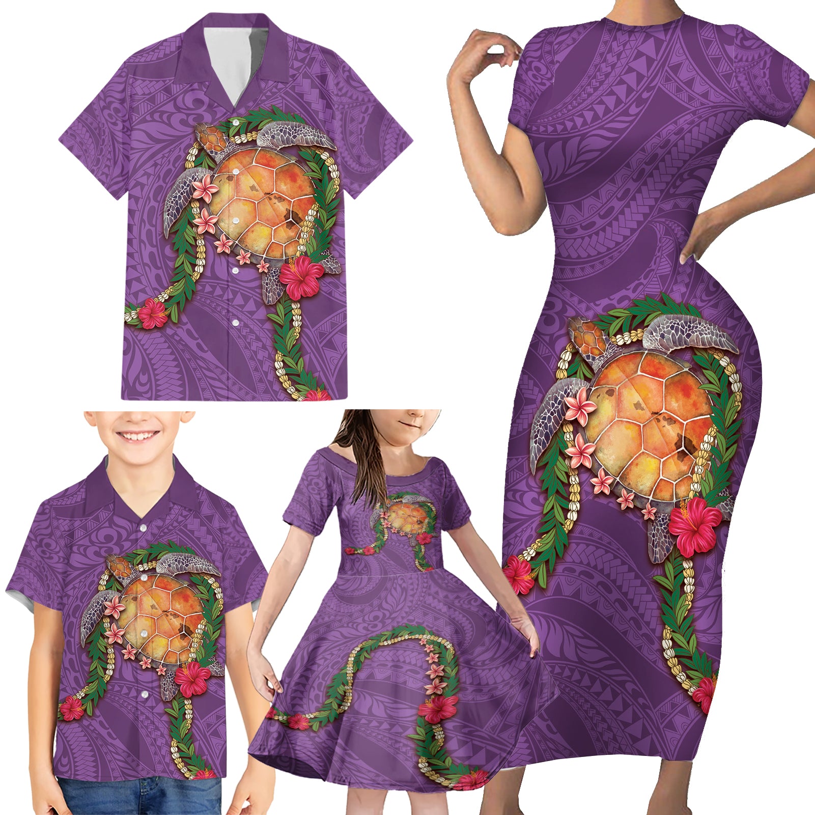 Hawaii Pikake and Maile Lei Family Matching Short Sleeve Bodycon Dress and Hawaiian Shirt Honu Polynesian Pattern Pink Color