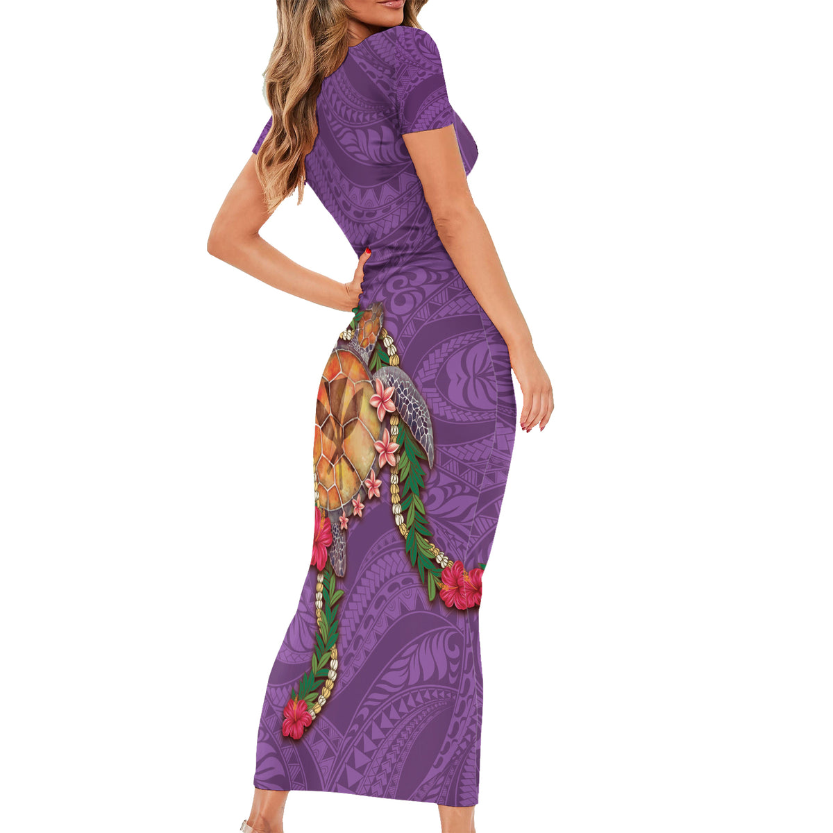 Hawaii Pikake and Maile Lei Family Matching Short Sleeve Bodycon Dress and Hawaiian Shirt Honu Polynesian Pattern Pink Color