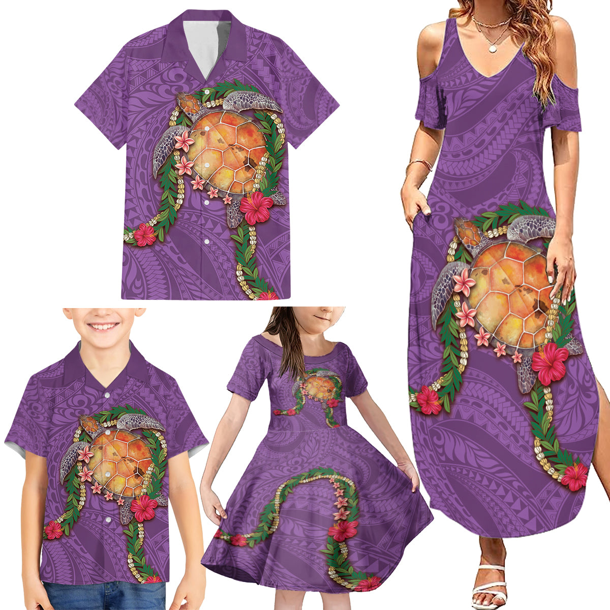 Hawaii Pikake and Maile Lei Family Matching Summer Maxi Dress and Hawaiian Shirt Honu Polynesian Pattern Pink Color