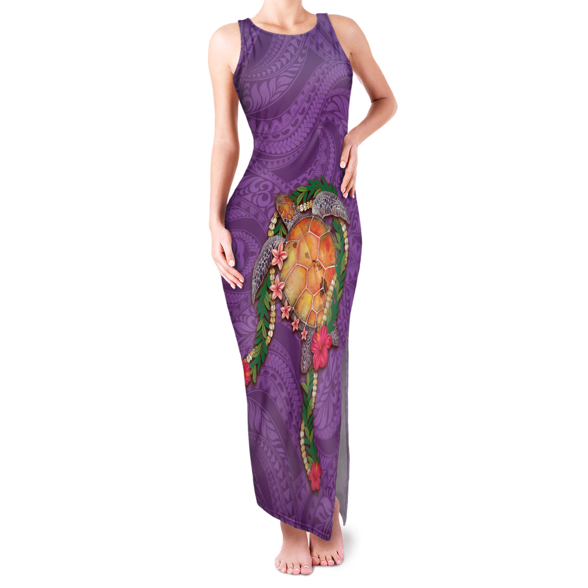 Hawaii Pikake and Maile Lei Family Matching Tank Maxi Dress and Hawaiian Shirt Honu Polynesian Pattern Pink Color