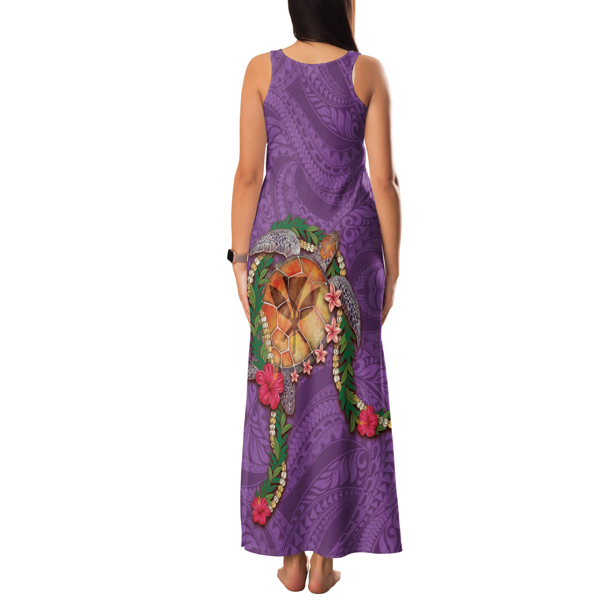 Hawaii Pikake and Maile Lei Family Matching Tank Maxi Dress and Hawaiian Shirt Honu Polynesian Pattern Pink Color