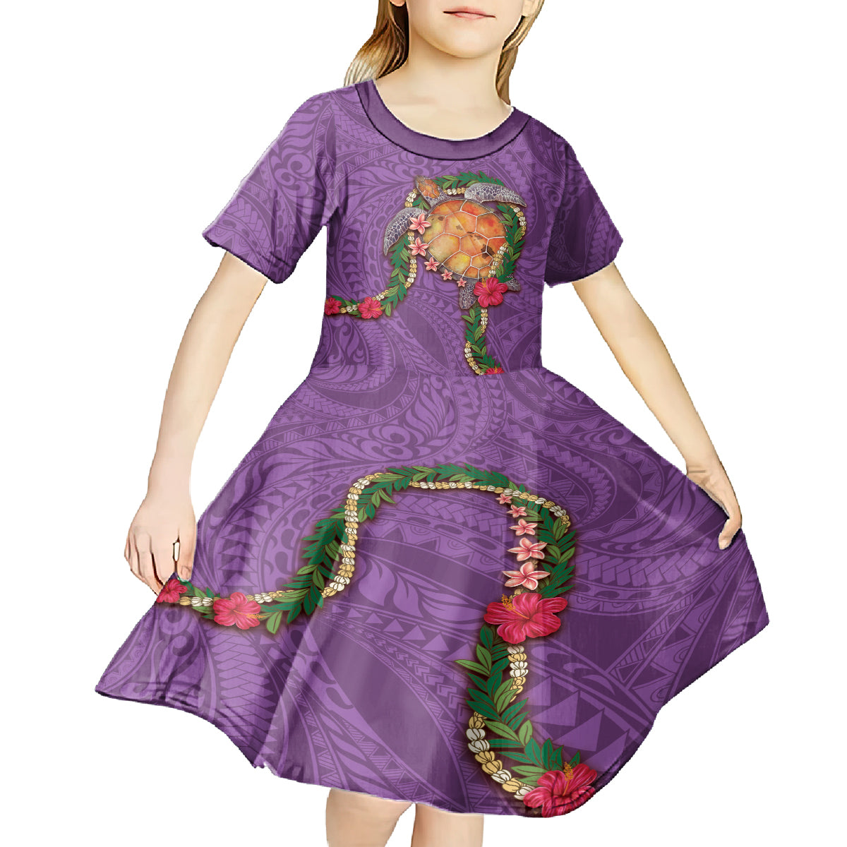Hawaii Pikake and Maile Lei Kid Short Sleeve Dress Honu Polynesian Pattern Pink Color LT03 - Polynesian Pride