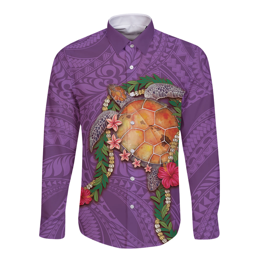 Hawaii Pikake and Maile Lei Long Sleeve Button Shirt Honu Polynesian Pattern Pink Color