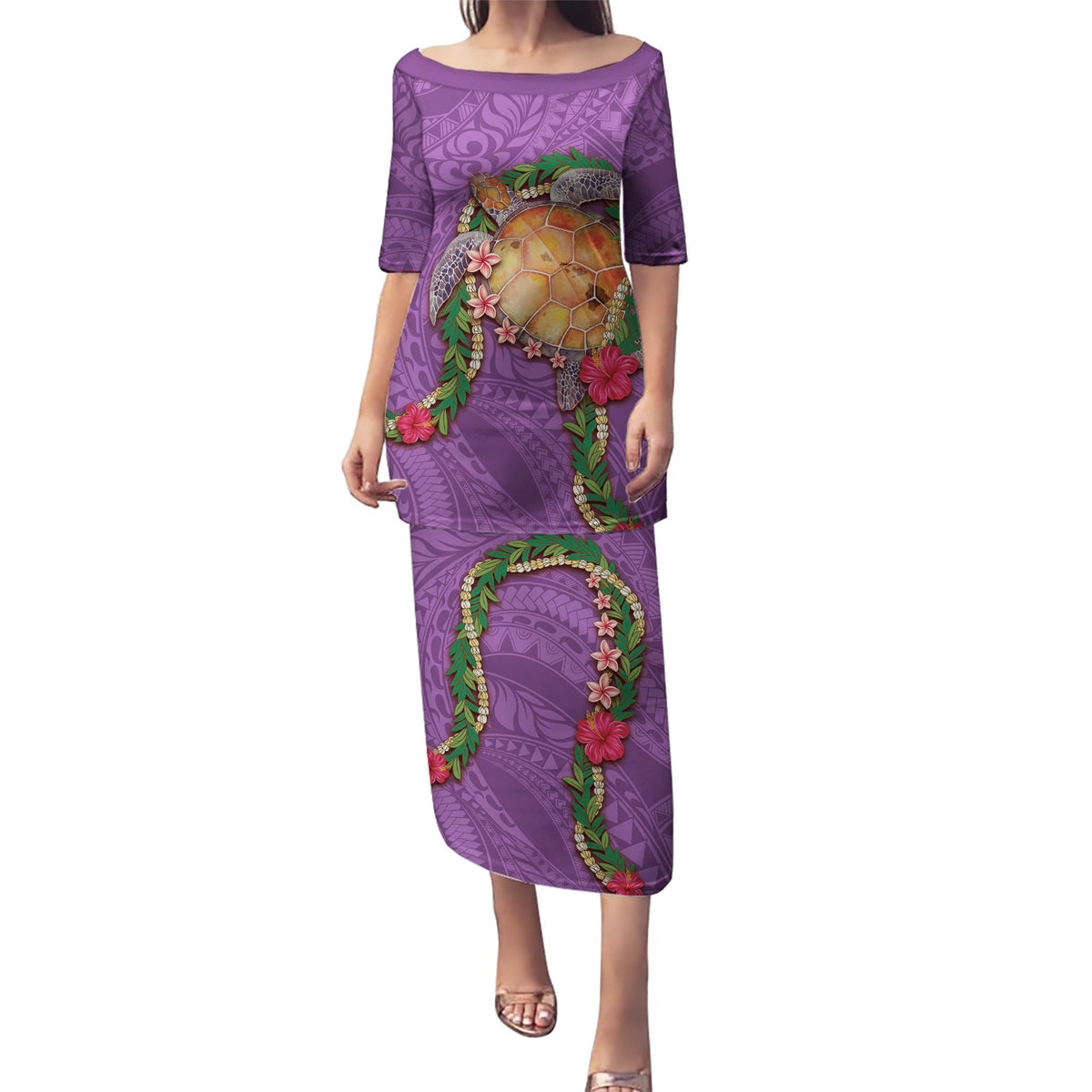 Hawaii Pikake and Maile Lei Puletasi Honu Polynesian Pattern Pink Color LT03 Long Dress Pink - Polynesian Pride