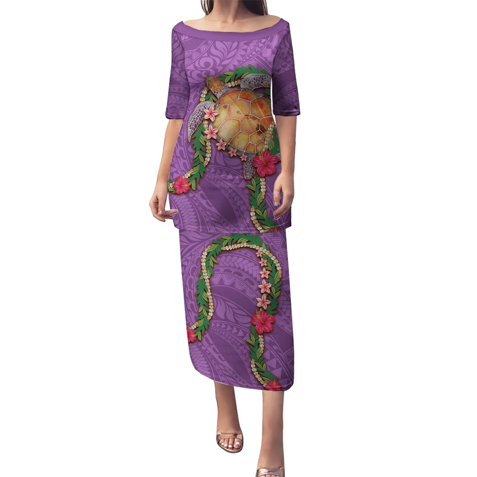 Hawaii Pikake and Maile Lei Puletasi Honu Polynesian Pattern Pink Color LT03 Long Dress Pink - Polynesian Pride