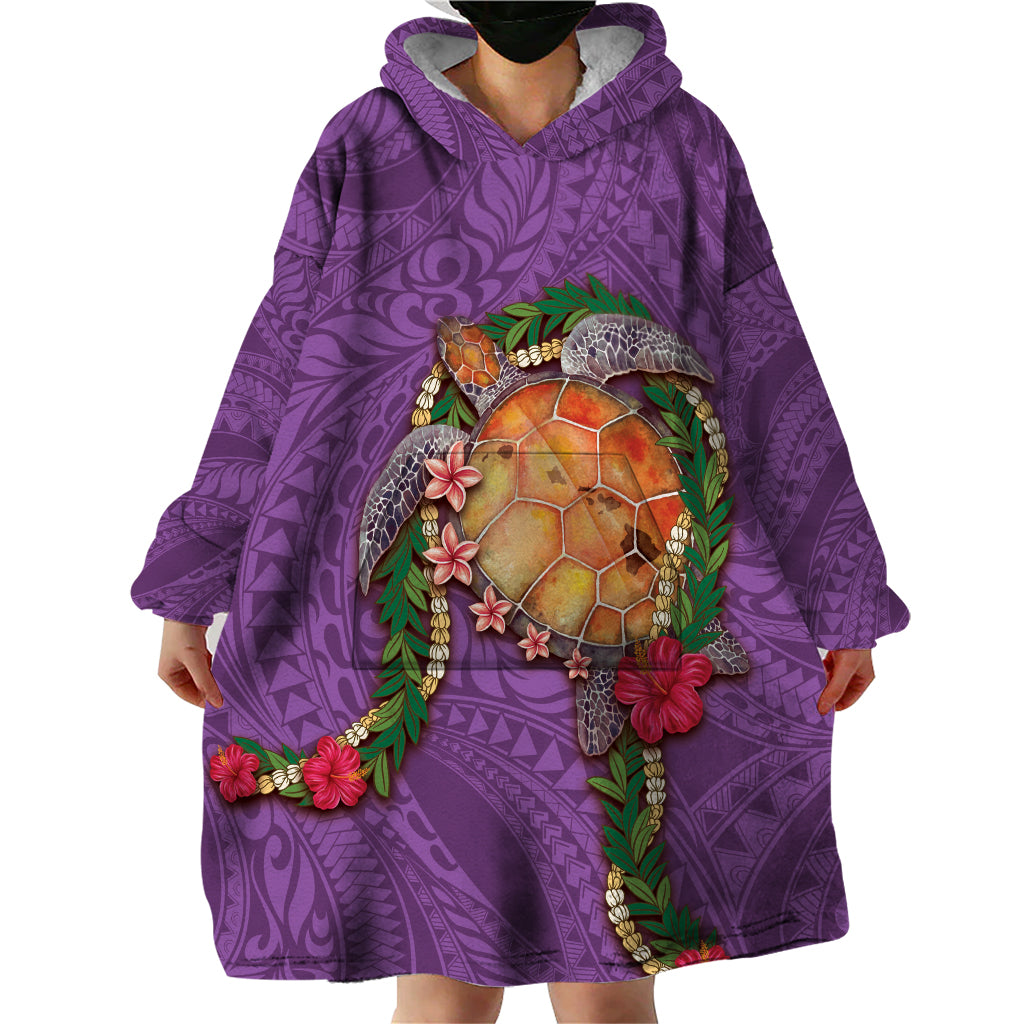 Hawaii Pikake and Maile Lei Wearable Blanket Hoodie Honu Polynesian Pattern Pink Color