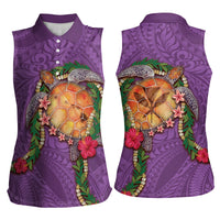 Hawaii Pikake and Maile Lei Women Sleeveless Polo Shirt Honu Polynesian Pattern Pink Color