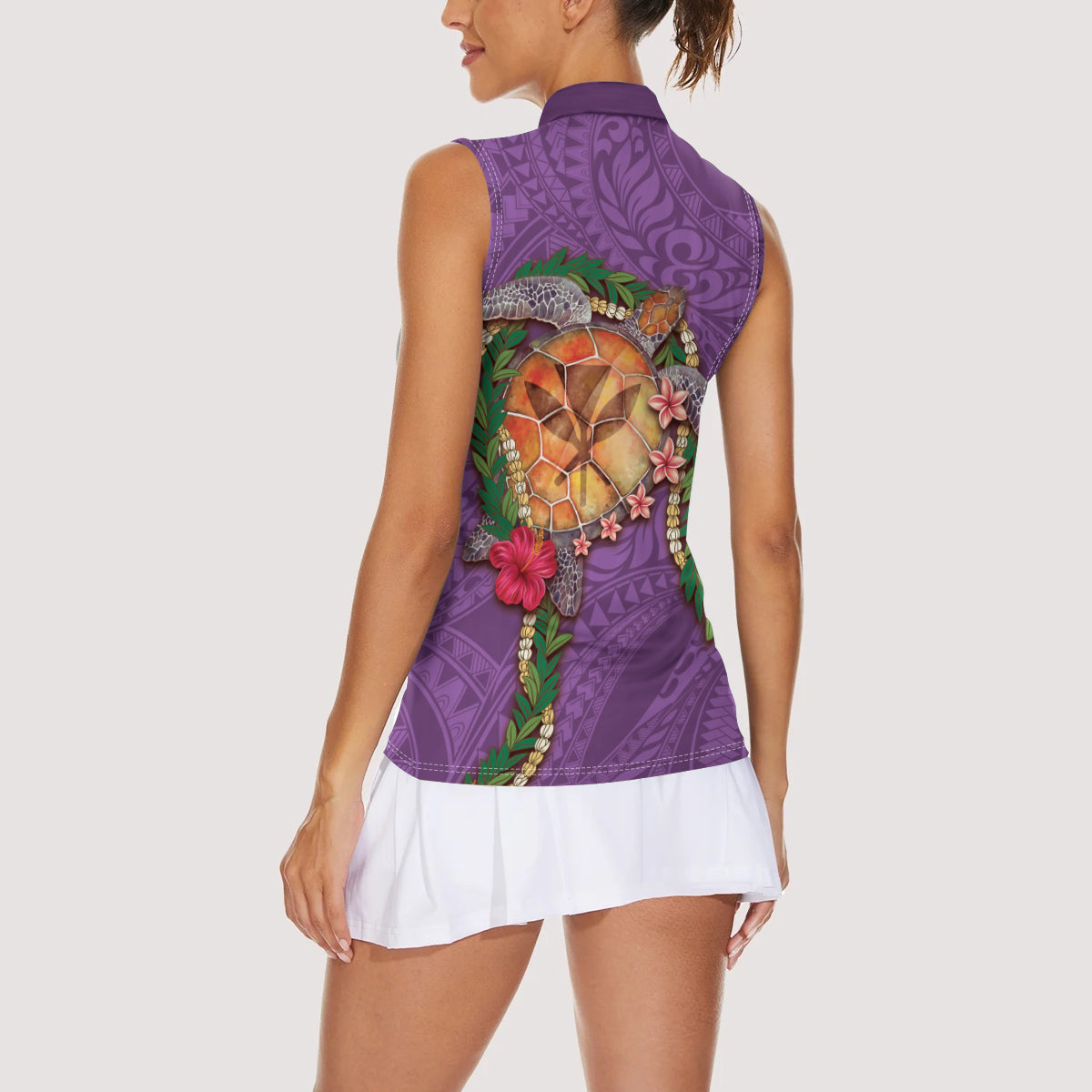 Hawaii Pikake and Maile Lei Women Sleeveless Polo Shirt Honu Polynesian Pattern Pink Color