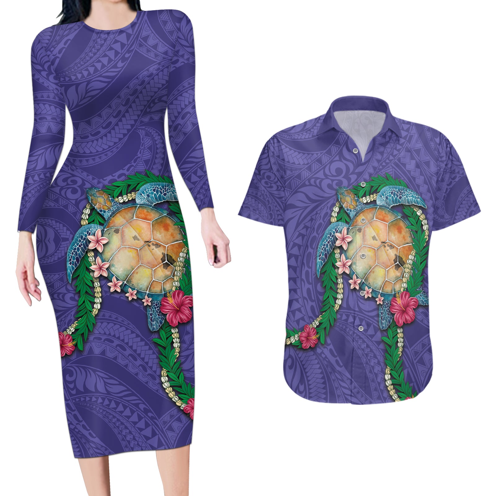 Hawaii Pikake and Maile Lei Couples Matching Long Sleeve Bodycon Dress and Hawaiian Shirt Honu Polynesian Pattern Purple Color LT03 Purple - Polynesian Pride