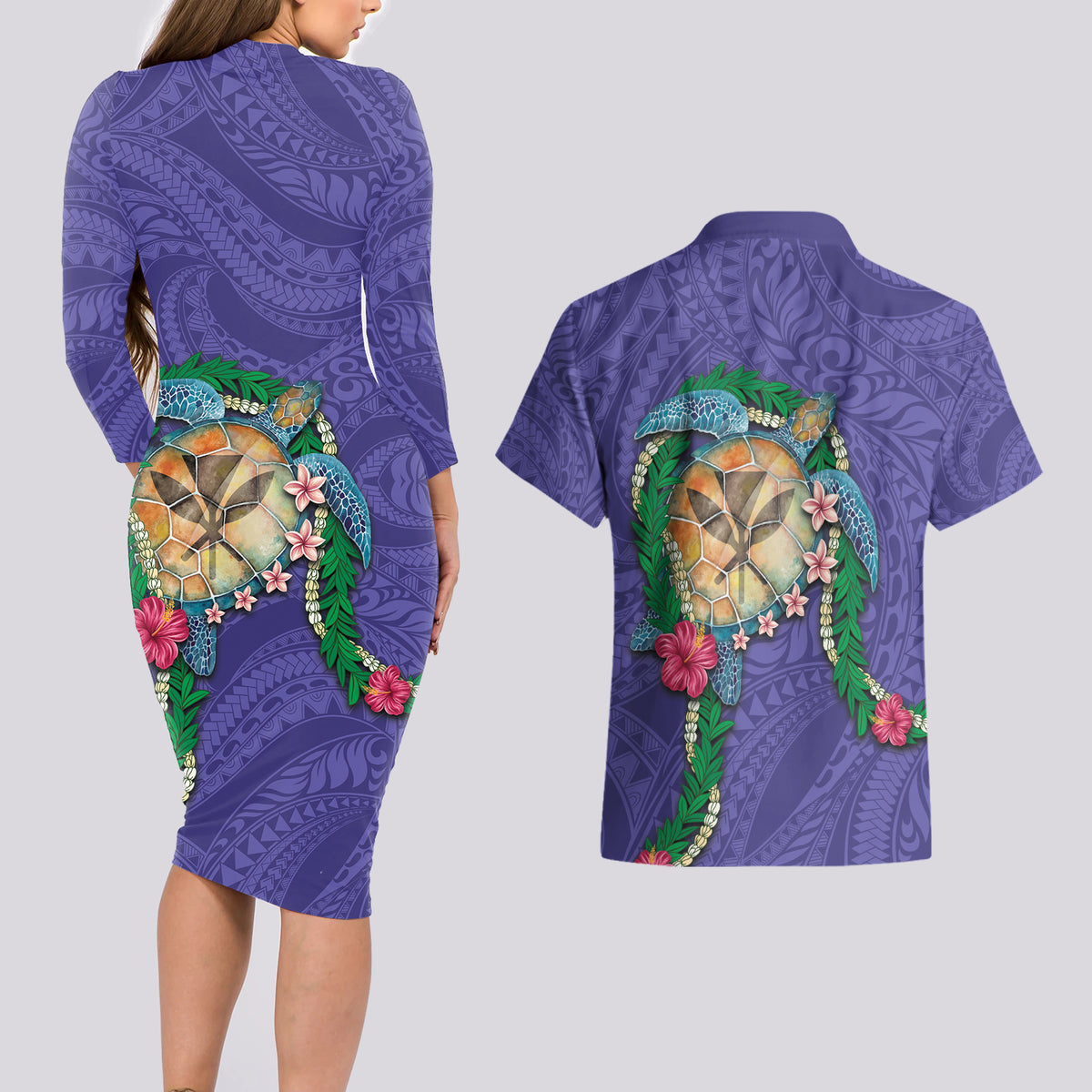 Hawaii Pikake and Maile Lei Couples Matching Long Sleeve Bodycon Dress and Hawaiian Shirt Honu Polynesian Pattern Purple Color LT03 - Polynesian Pride