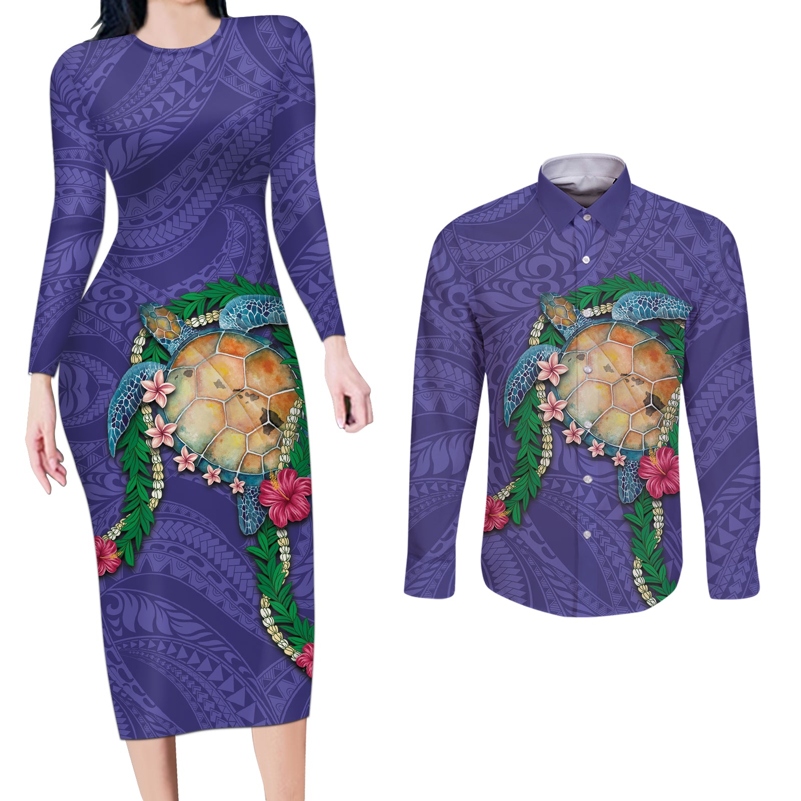 Hawaii Pikake and Maile Lei Couples Matching Long Sleeve Bodycon Dress and Long Sleeve Button Shirt Honu Polynesian Pattern Purple Color LT03 Purple - Polynesian Pride