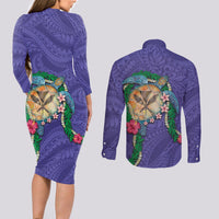 Hawaii Pikake and Maile Lei Couples Matching Long Sleeve Bodycon Dress and Long Sleeve Button Shirt Honu Polynesian Pattern Purple Color LT03 - Polynesian Pride