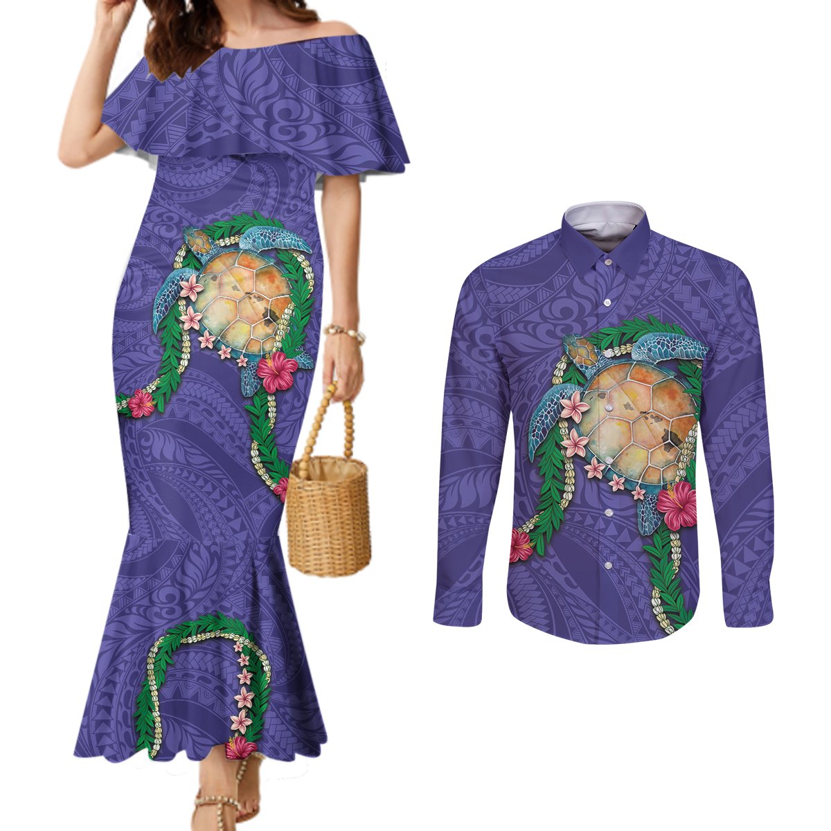 Hawaii Pikake and Maile Lei Couples Matching Mermaid Dress and Long Sleeve Button Shirt Honu Polynesian Pattern Purple Color LT03 Purple - Polynesian Pride