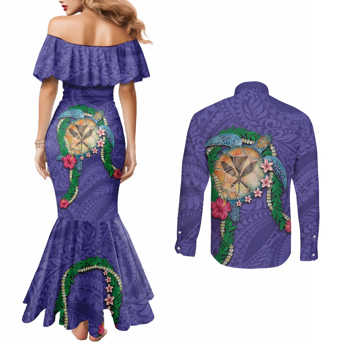 Hawaii Pikake and Maile Lei Couples Matching Mermaid Dress and Long Sleeve Button Shirt Honu Polynesian Pattern Purple Color LT03 - Polynesian Pride