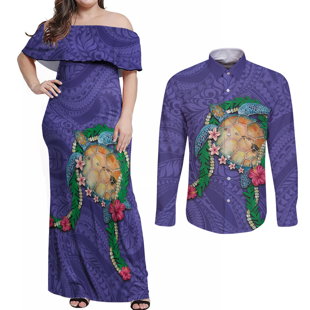 Hawaii Pikake and Maile Lei Couples Matching Off Shoulder Maxi Dress and Long Sleeve Button Shirt Honu Polynesian Pattern Purple Color LT03 Purple - Polynesian Pride