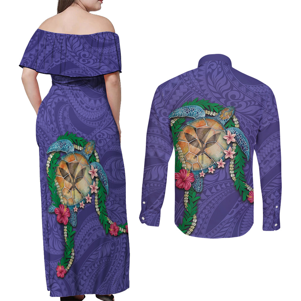 Hawaii Pikake and Maile Lei Couples Matching Off Shoulder Maxi Dress and Long Sleeve Button Shirt Honu Polynesian Pattern Purple Color LT03 - Polynesian Pride