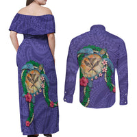 Hawaii Pikake and Maile Lei Couples Matching Off Shoulder Maxi Dress and Long Sleeve Button Shirt Honu Polynesian Pattern Purple Color LT03 - Polynesian Pride