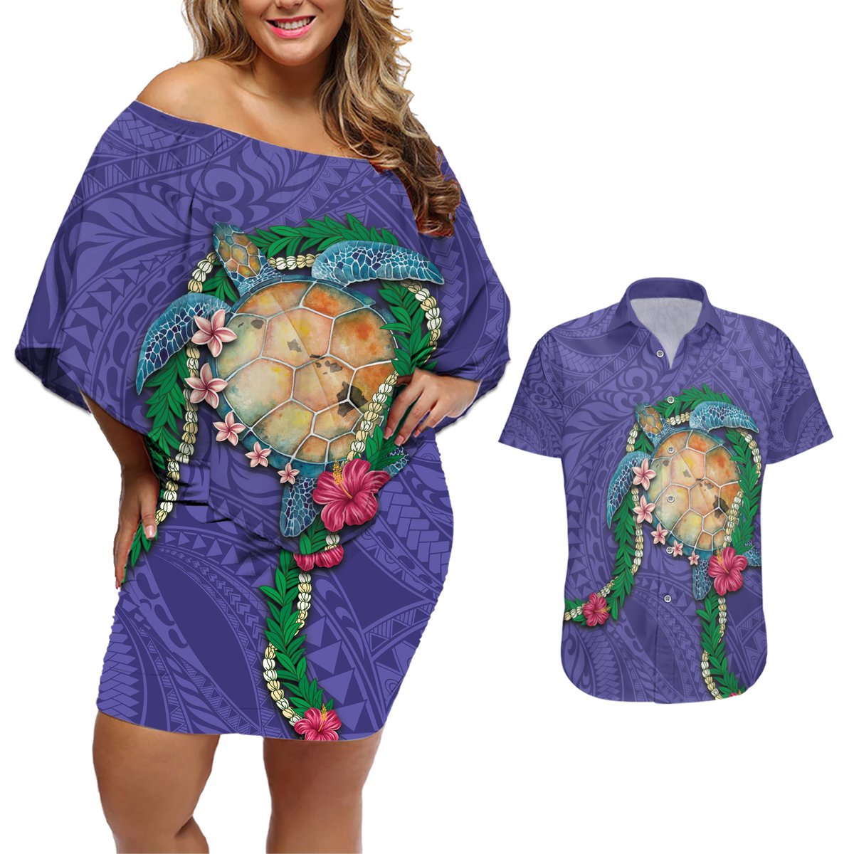Hawaii Pikake and Maile Lei Couples Matching Off Shoulder Short Dress and Hawaiian Shirt Honu Polynesian Pattern Purple Color LT03 Purple - Polynesian Pride