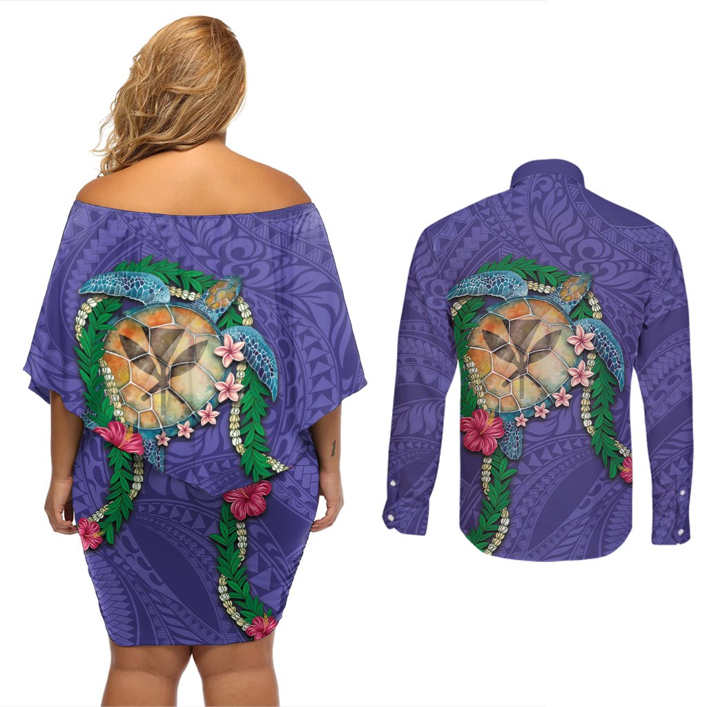 Hawaii Pikake and Maile Lei Couples Matching Off Shoulder Short Dress and Long Sleeve Button Shirt Honu Polynesian Pattern Purple Color LT03 - Polynesian Pride