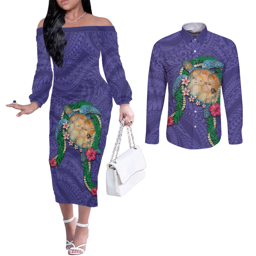 Hawaii Pikake and Maile Lei Couples Matching Off The Shoulder Long Sleeve Dress and Long Sleeve Button Shirt Honu Polynesian Pattern Purple Color LT03 Purple - Polynesian Pride