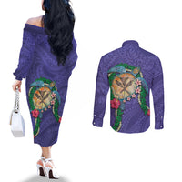 Hawaii Pikake and Maile Lei Couples Matching Off The Shoulder Long Sleeve Dress and Long Sleeve Button Shirt Honu Polynesian Pattern Purple Color LT03 - Polynesian Pride