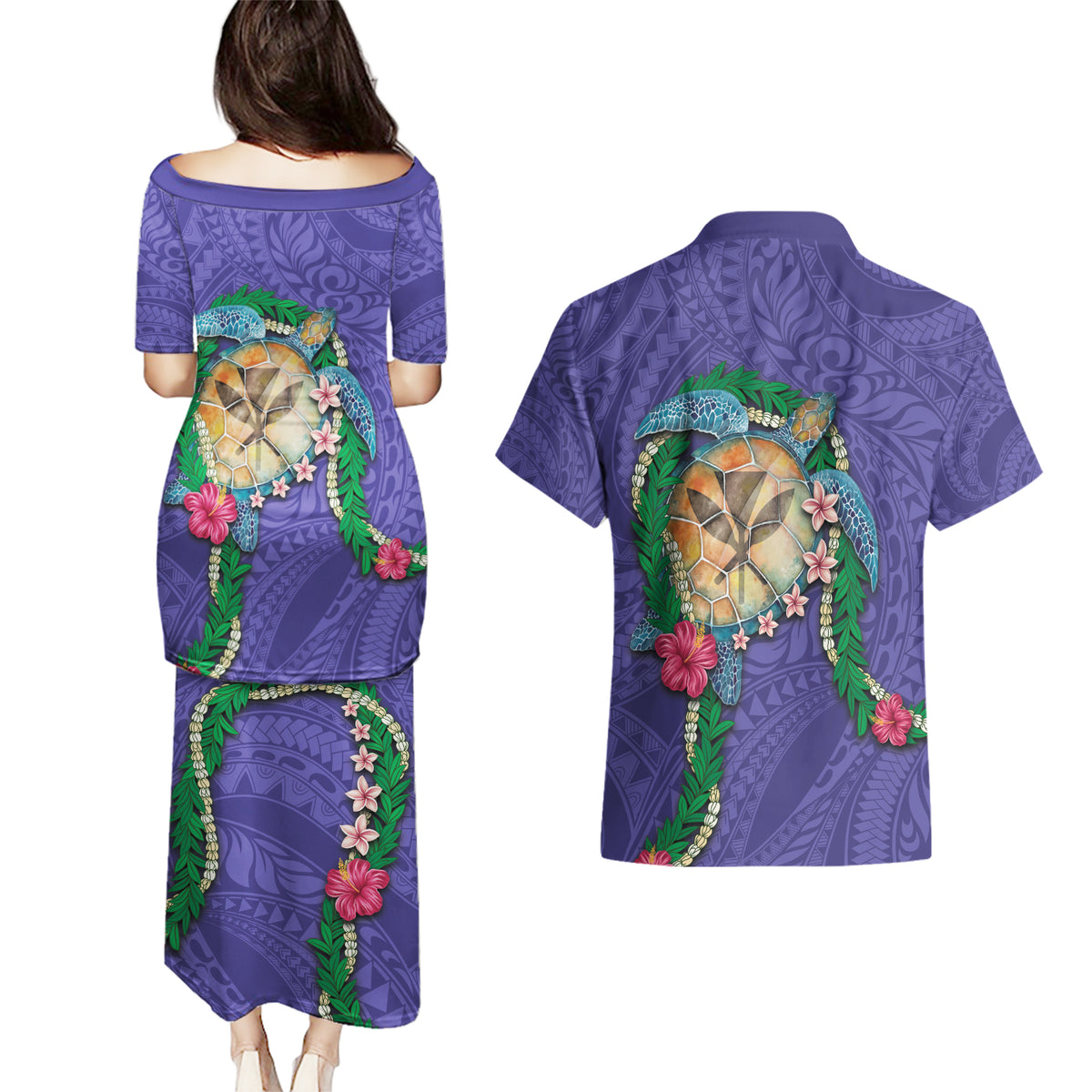 Hawaii Pikake and Maile Lei Couples Matching Puletasi and Hawaiian Shirt Honu Polynesian Pattern Purple Color LT03 - Polynesian Pride
