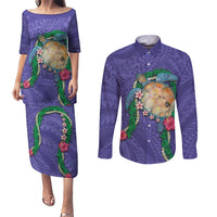 Hawaii Pikake and Maile Lei Couples Matching Puletasi and Long Sleeve Button Shirt Honu Polynesian Pattern Purple Color LT03 Purple - Polynesian Pride