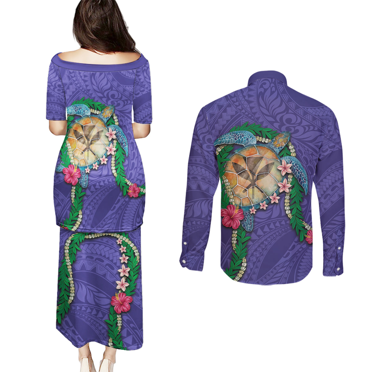 Hawaii Pikake and Maile Lei Couples Matching Puletasi and Long Sleeve Button Shirt Honu Polynesian Pattern Purple Color LT03 - Polynesian Pride