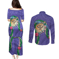 Hawaii Pikake and Maile Lei Couples Matching Puletasi and Long Sleeve Button Shirt Honu Polynesian Pattern Purple Color LT03 - Polynesian Pride