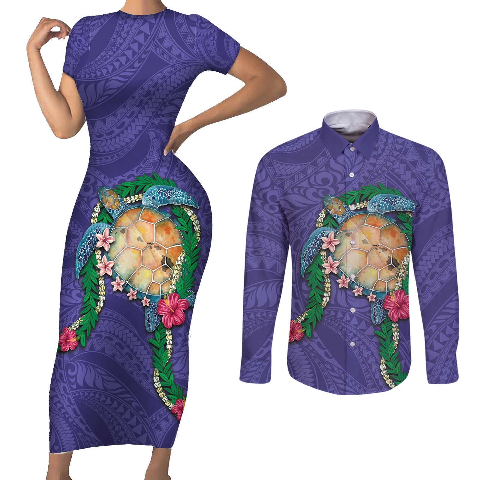 Hawaii Pikake and Maile Lei Couples Matching Short Sleeve Bodycon Dress and Long Sleeve Button Shirt Honu Polynesian Pattern Purple Color LT03 Purple - Polynesian Pride