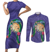 Hawaii Pikake and Maile Lei Couples Matching Short Sleeve Bodycon Dress and Long Sleeve Button Shirt Honu Polynesian Pattern Purple Color LT03 Purple - Polynesian Pride