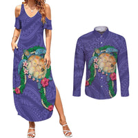 Hawaii Pikake and Maile Lei Couples Matching Summer Maxi Dress and Long Sleeve Button Shirt Honu Polynesian Pattern Purple Color LT03 Purple - Polynesian Pride