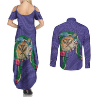 Hawaii Pikake and Maile Lei Couples Matching Summer Maxi Dress and Long Sleeve Button Shirt Honu Polynesian Pattern Purple Color LT03 - Polynesian Pride