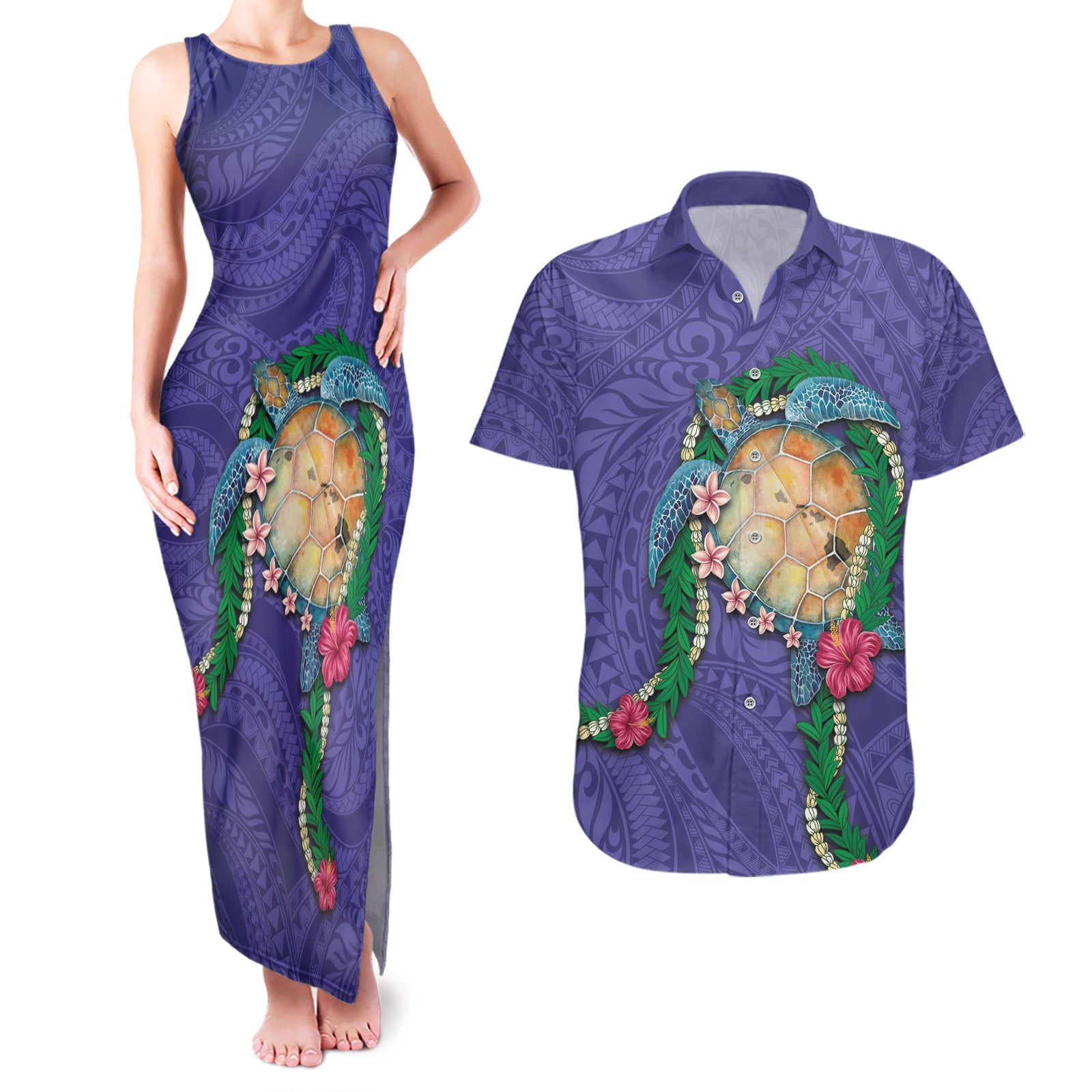 Hawaii Pikake and Maile Lei Couples Matching Tank Maxi Dress and Hawaiian Shirt Honu Polynesian Pattern Purple Color LT03 Purple - Polynesian Pride