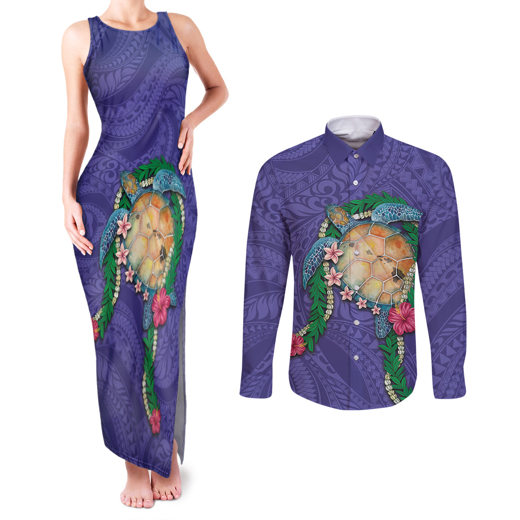 Hawaii Pikake and Maile Lei Couples Matching Tank Maxi Dress and Long Sleeve Button Shirt Honu Polynesian Pattern Purple Color LT03 Purple - Polynesian Pride