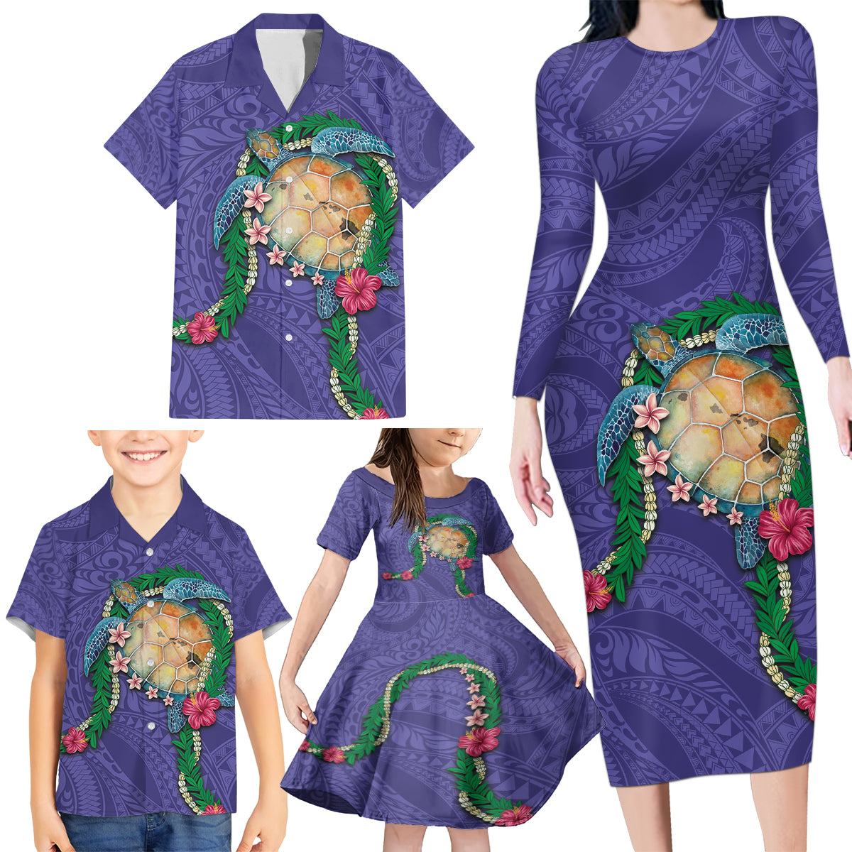 Hawaii Pikake and Maile Lei Family Matching Long Sleeve Bodycon Dress and Hawaiian Shirt Honu Polynesian Pattern Purple Color