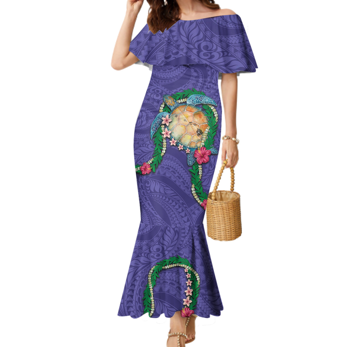 Hawaii Pikake and Maile Lei Family Matching Mermaid Dress and Hawaiian Shirt Honu Polynesian Pattern Purple Color