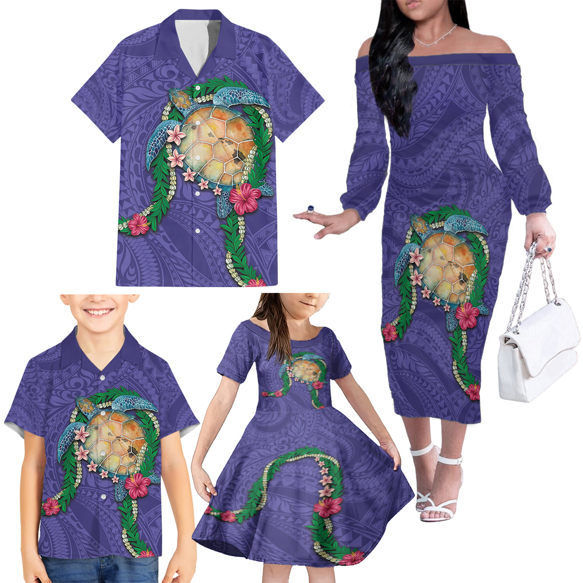 Hawaii Pikake and Maile Lei Family Matching Off The Shoulder Long Sleeve Dress and Hawaiian Shirt Honu Polynesian Pattern Purple Color