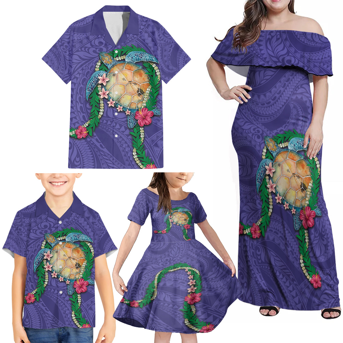 Hawaii Pikake and Maile Lei Family Matching Off Shoulder Maxi Dress and Hawaiian Shirt Honu Polynesian Pattern Purple Color