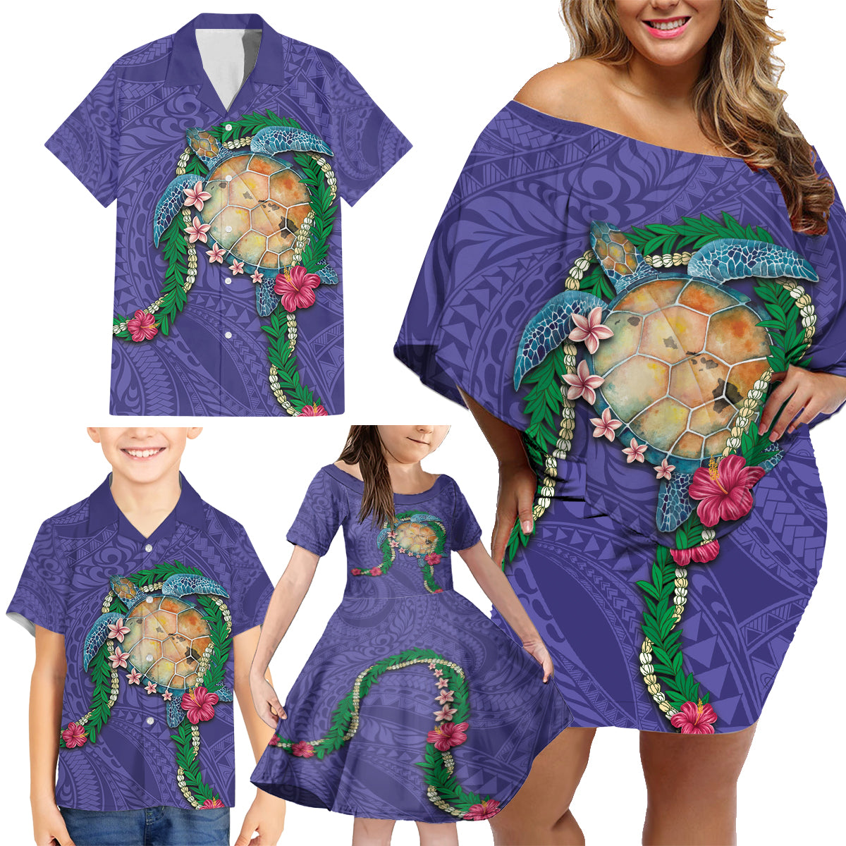 Hawaii Pikake and Maile Lei Family Matching Off Shoulder Short Dress and Hawaiian Shirt Honu Polynesian Pattern Purple Color