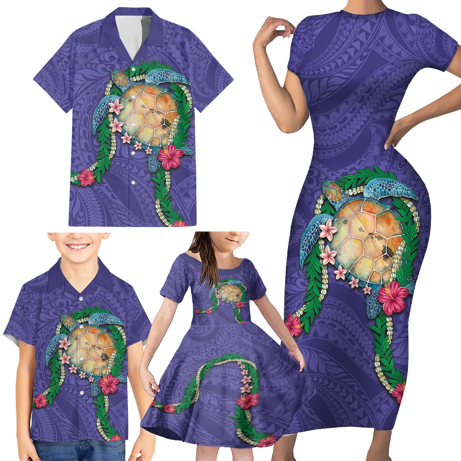 Hawaii Pikake and Maile Lei Family Matching Short Sleeve Bodycon Dress and Hawaiian Shirt Honu Polynesian Pattern Purple Color LT03 - Polynesian Pride