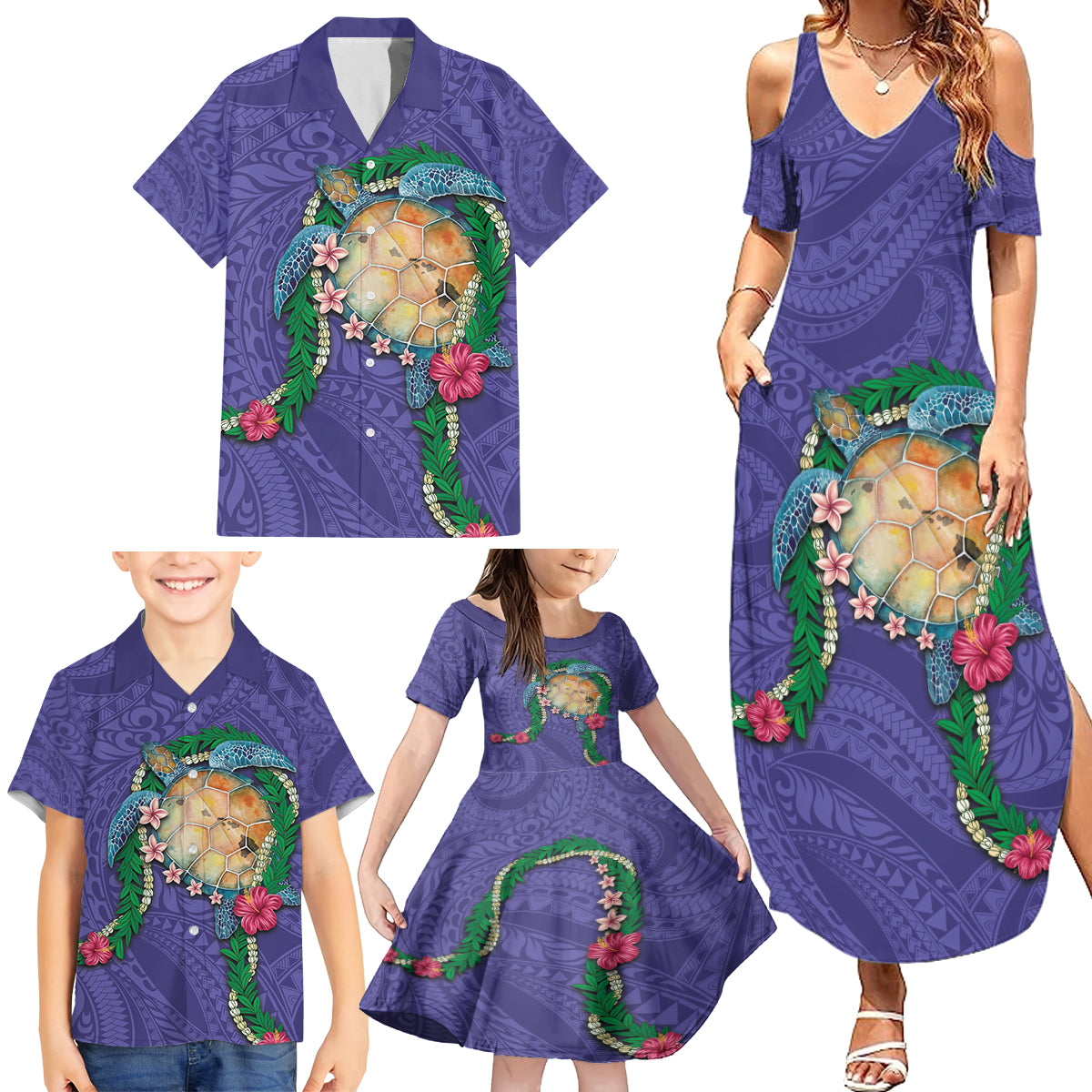 Hawaii Pikake and Maile Lei Family Matching Summer Maxi Dress and Hawaiian Shirt Honu Polynesian Pattern Purple Color