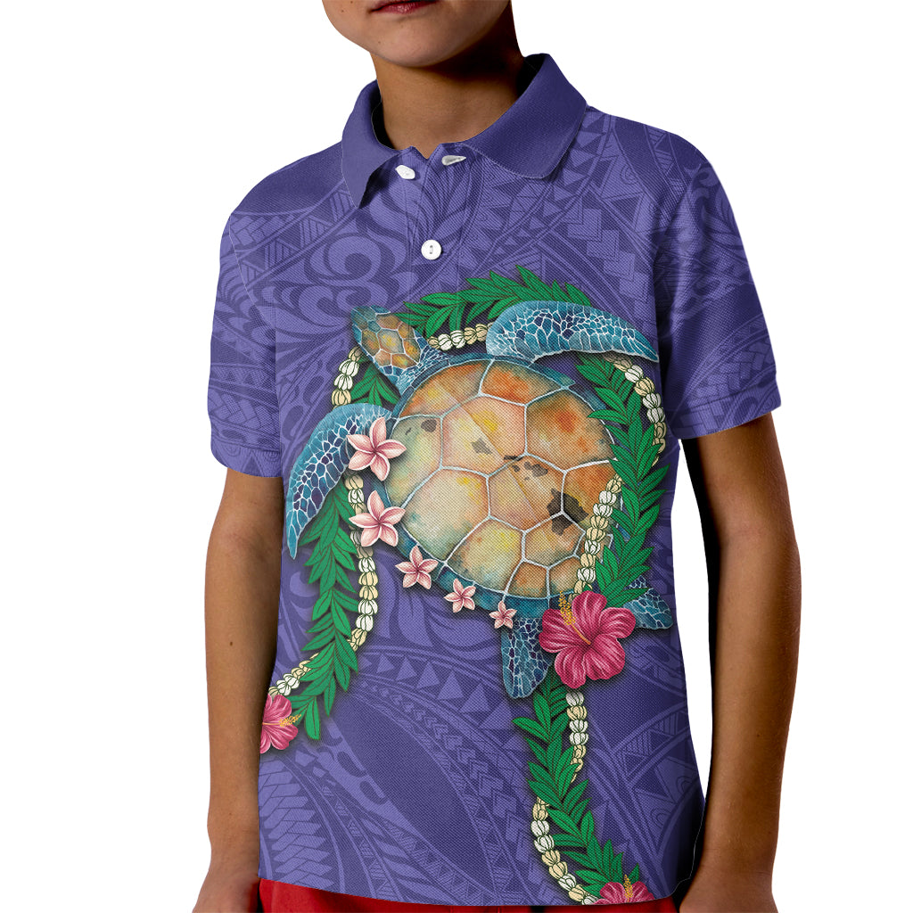 Hawaii Pikake and Maile Lei Kid Polo Shirt Honu Polynesian Pattern Purple Color