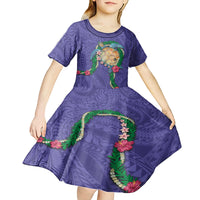 Hawaii Pikake and Maile Lei Kid Short Sleeve Dress Honu Polynesian Pattern Purple Color LT03 - Polynesian Pride