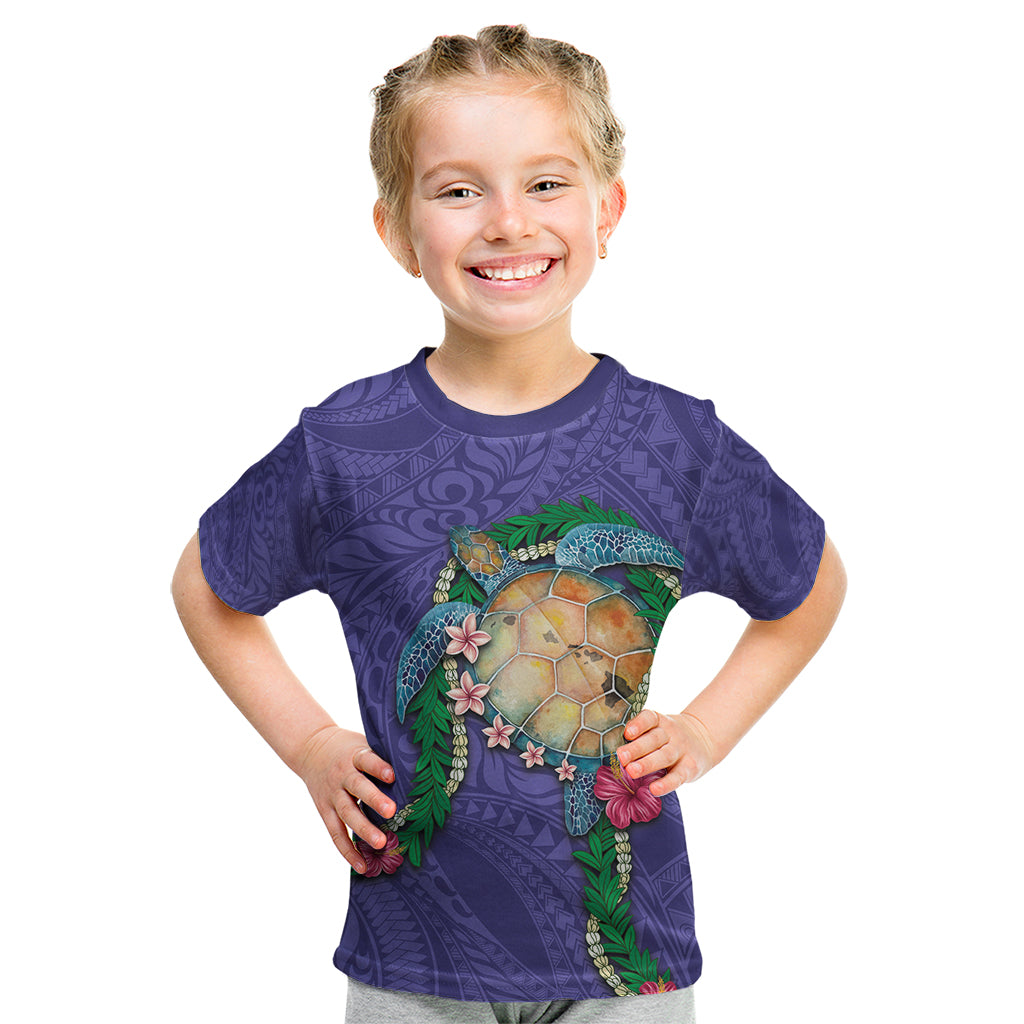Hawaii Pikake and Maile Lei Kid T Shirt Honu Polynesian Pattern Purple Color