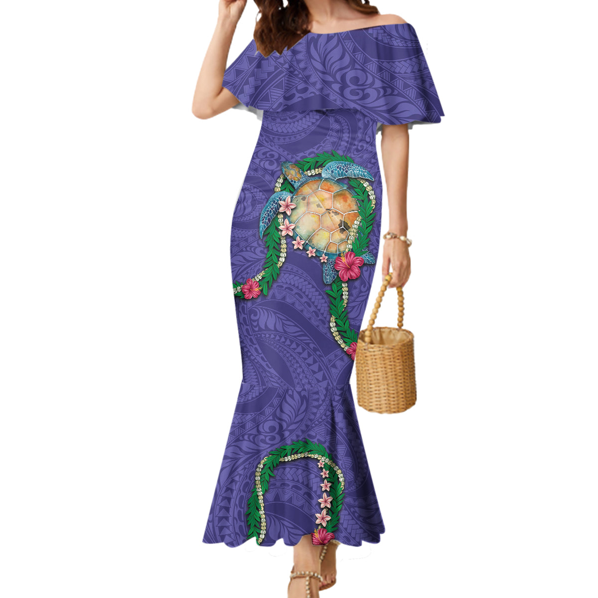 Hawaii Pikake and Maile Lei Mermaid Dress Honu Polynesian Pattern Purple Color