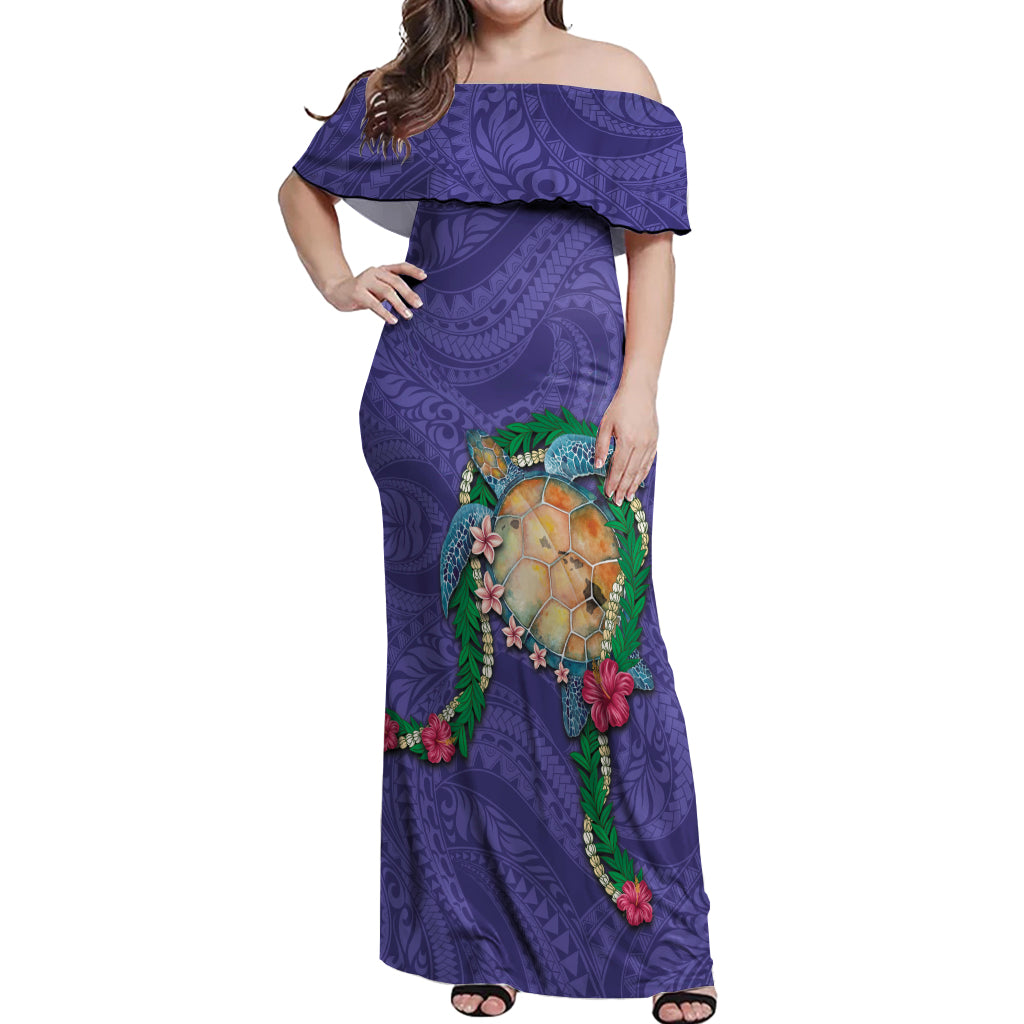 Hawaii Pikake and Maile Lei Off Shoulder Maxi Dress Honu Polynesian Pattern Purple Color LT03 Women Purple - Polynesian Pride